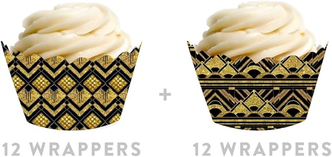 Andaz Press Party Cupcake Wrapper Decorations, Art Deco Black and Gold, 24-Pack, Theme Colored Bulk Cake Supplies