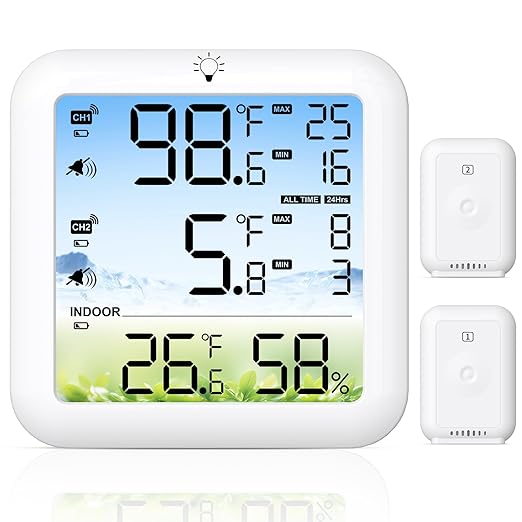 Wireless Freezer Alarm with Remote Temperature Sensor, 330FT Range Digital Thermometer, Backlit Display, 24H Max/Min for Refrigerator, Fridge, Deep Freezer Monitoring to Prevent Food Spoilage