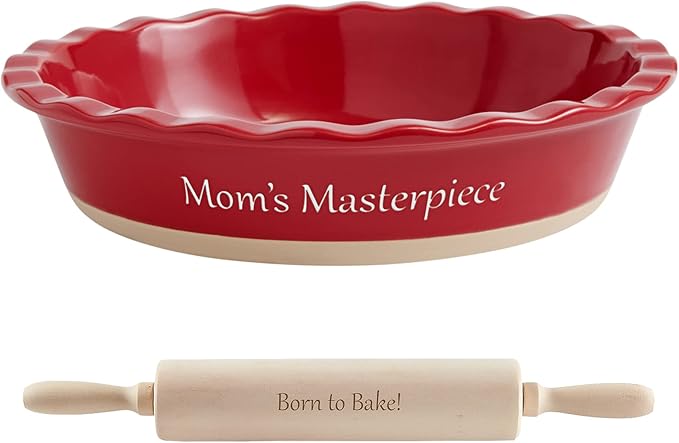 Let's Make Memories Personalized Stoneware Pie Dish - Red + Rolling Pin