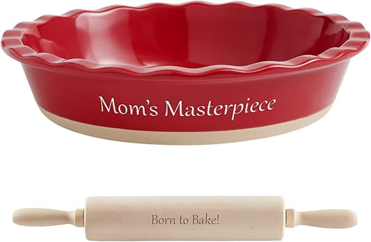Let's Make Memories Personalized Stoneware Pie Dish - Red + Rolling Pin
