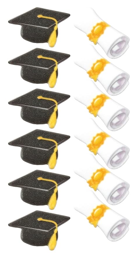 Graduation Cap and Scroll Edible Sugar Cake Toppers, 12 Count
