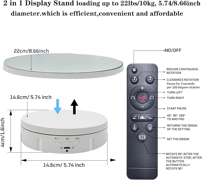 JAYEGT 2 in 1 Motorized Rotating Display Stand with 5.74 /8.66 inch Replacement Mirror Cover，Max 22lbs Load with Remote controller , 360 Degree Electronic Turntable Display Stand for Photography