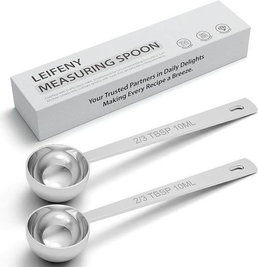 2PCS 2/3TBSP(2TSP, 10ML) 18/8 Stainless Steel Measuring Spoon, Metal Measure Scoop for Dry and Liquid Spices, Must-have for Kitchen