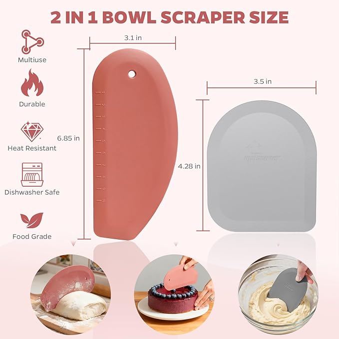 Bowl Scraper Dough Scraper Tool - Set of 2 Silicone Bench Scraper for Baking, Kitchen Pastry Scraper for Bread, Cake, Batter, cheese, Cream, Honey, Jam, Food Scraper with Curved Edge, Red & Grey
