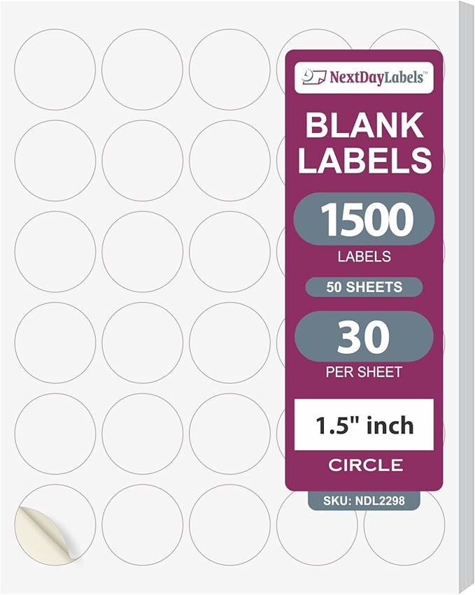 NextDayLabels – 1.5 Inch Round Sticker Labels for Printer - Matte White Blank Laser/Inkjet Printer Labels - Circle Stickers - Printable Labels (1500 Total)