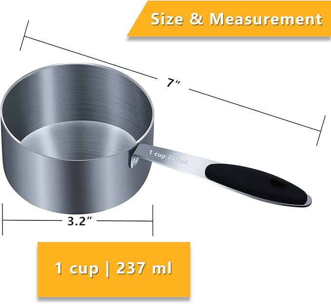 2PCS 1Cup (237ml, 8oz) Single Measuring Cup with Black Silicone Grip, Stainless Steel Individual Measure Scoop Only