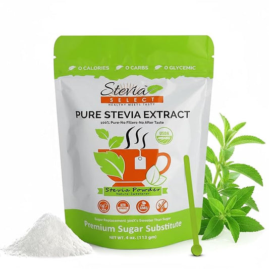 Stevia Select Organic Stevia Powder - Sugar Free Plant Based Stevia Sweetener Non GMO Pure Stevia Extract - Sugar Substitute No Additives Zero Calorie 4 Oz