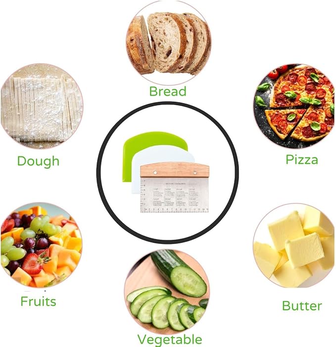 Ultimate Dough Scrapper Set: 3-Piece Stainless Steel Bench Scraper Kit with Ergonomic Handle and Built-in Measurement Scale - Perfect for Bread, Pizza, Cake, and More!