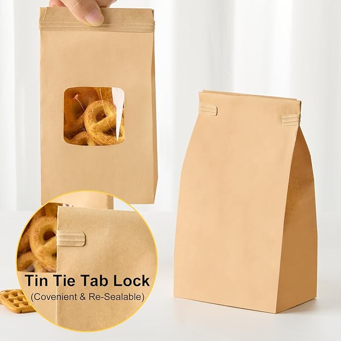 Ocmoiy 100Pcs Small Bakery Cookie Bags with Window, 3.5x2.36x6.7 Inch Tin Tie Tab Lock Kraft Paper Bags with Thank You Stickers for Cookie, Coffee, Bread