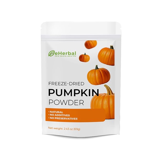 eHerbal Pure Freeze-Dried Pumpkin Powder, 2.43 oz – 100% Natural Pumpkin, No Additives or Preservatives, Non-GMO, Gluten-Free, for Baking, Cooking, Smoothies Versatile for Vegans and Vegetarians