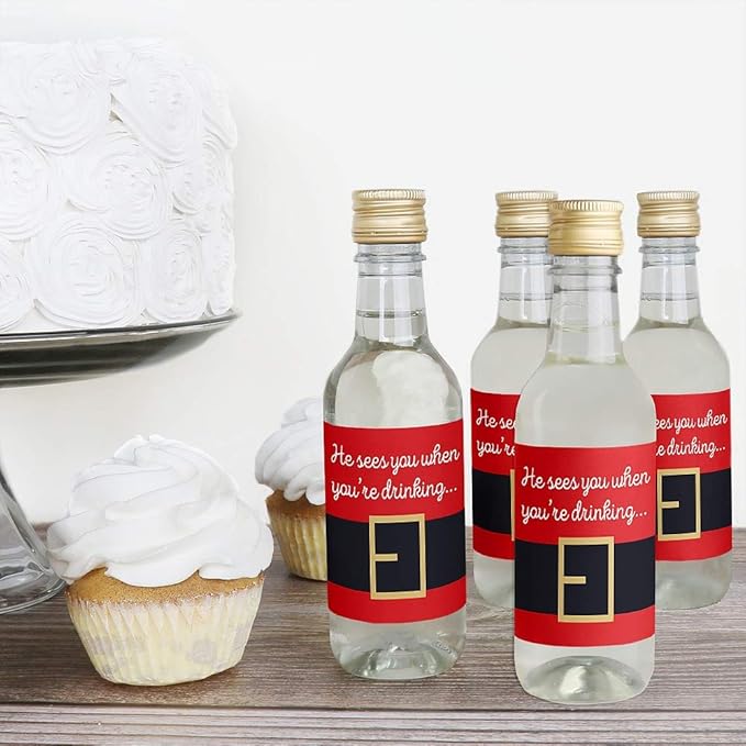 Big Dot of Happiness Santa Claus' Belt - Mini Wine and Champagne Bottle Label Stickers - Christmas Party Favor Gift for Women and Men - Set of 16