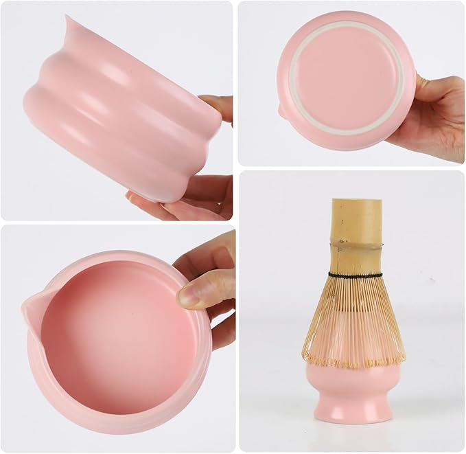 Pink Matcha Whisk Set, Ceramic Matcha Kit Set Includes Matcha Bowl, Matcha Whisk and Holder, Bamboo Scoop, Scoop Rest, Sifter and Tea Towel - 7 Pcs Matcha Kit for Matcha Lovers