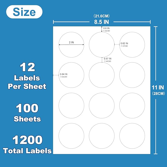 2" Round Sticker Labels for Laser/Ink Jet Printers, White Printable Sheets, Circle Stickers, 100 Sheets | 1200 Labels (HB-C012)