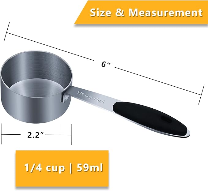 1PCS 1/4Cup (59ml, 2oz) Single Measuring Cup with Black Silicone Grip, Stainless Steel Individual Measure Scoop Only