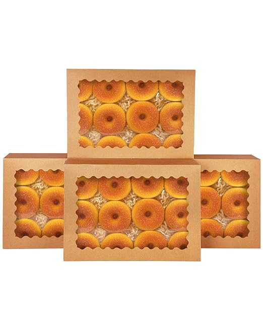 qiqee Auto-pop Up 16x10.5x2.5 Inch Brown Cookie Box with Window 24Pcs Bakery Pastry Macaron Bakery Box for Packaging