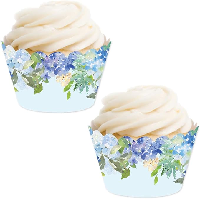 Andaz Press Party Cupcake Wrapper Decorations, Baby Blue Hydrangeas on Sky Blue, For Girl's 1st Birthday, Bridal Showers, Tea Party Themed Decorations - 24-Pack