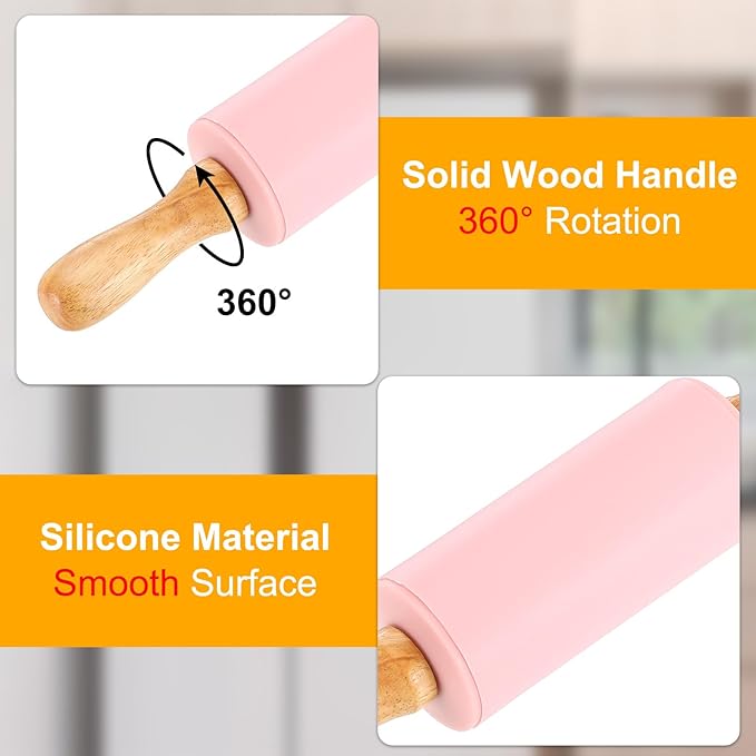 uxcell 4 Inch Silicone Rolling Pin, Small Dough Roller with Wood Handle for Pizza Pastry Fondant Kitchen, Pink