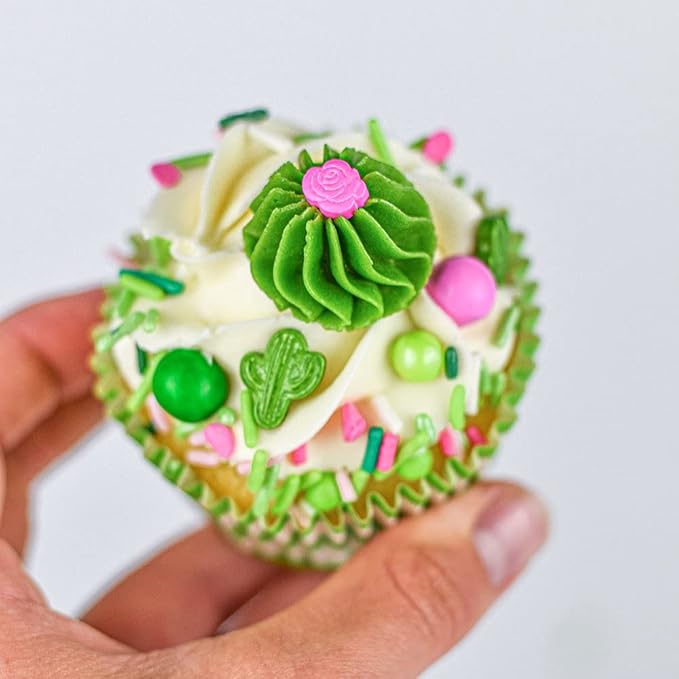 Fancy Edible Sprinkles for Cake, Cookie, Cupcake Decorating, and Baking - Baby Shower Cake Sprinkles and Toppings in Light Pink Jimmies, Green Nonpareils, Pink Rose and Green Cactus Candy