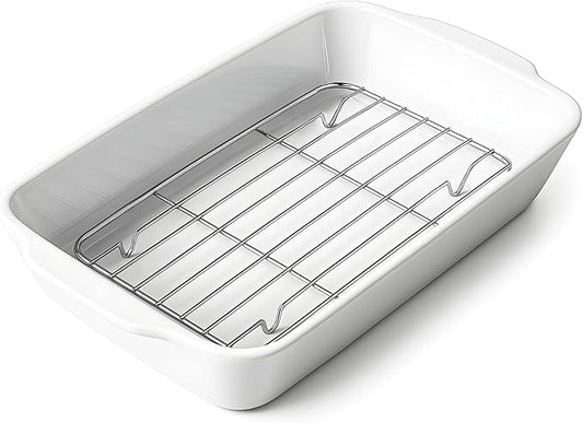 Casserole Dish with Roasting Racks, 3 QT Baking Dish with Handles, White Bakeware, Ceramic Baking Pan, Microwave Oven Safe, Dinner, Wedding (13.6"*8.7")