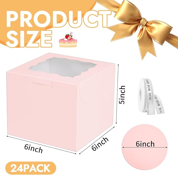 JCD 48PCS 6x6x5 Inches Cake Boxes,(24 Boxes &24 Boards) Pink Bakery Boxes with Window for Pastries,Cake Containers with Ribbon for Christmas Wedding Birthday Party (Pink/6 * 6 * 5inch/24pcs)