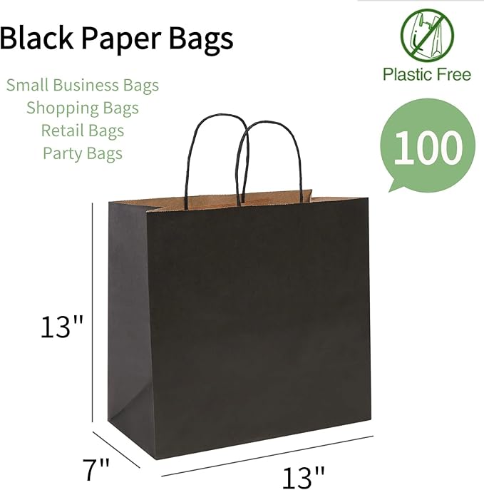PAICUIKE 100Pack Kraft Paper Bags 13x7x13Inch Black Large, Kraft Shopping Bags, with Handles, for Business Merchandise, Wedding Party Favor Bag, Paper Bag, Bulk