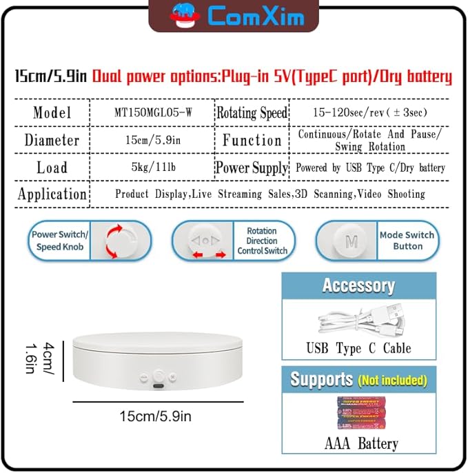 Rotating Display Stand with Type-C Power Cable, Motorized Turntable Adjustable Speed and Direction for Jewelry Photography, Spinning Platform for Product Shooting and Displaying (white, 5.9'')