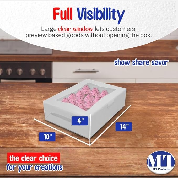 MT Products White Cake Boxes 14" x 10" x 4" - Bakery Boxes with Window (Pack of 15) - Made in USA