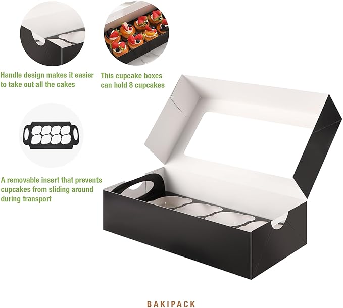 15 Black Cupcake Boxes 8 Count with Window and Inserts, Cupcake Containers, Mother's Day Cupcake Boxes for Cupcakes, Muffins, Cookies