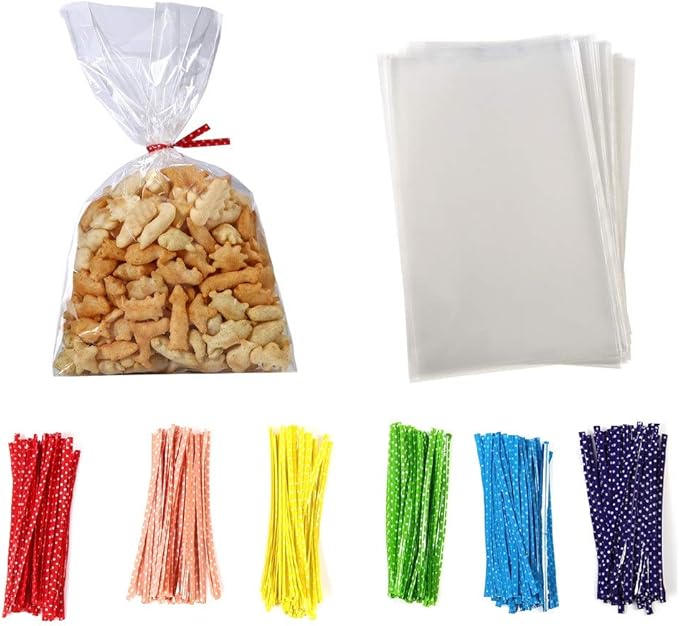 100 Pcs 10 in x 6 in Clear Flat Cello Cellophane Treat Bags Good for Bakery, Cookies, Candies,Dessert(by Brandon)1.4mil.Give Metallic Twist Ties!