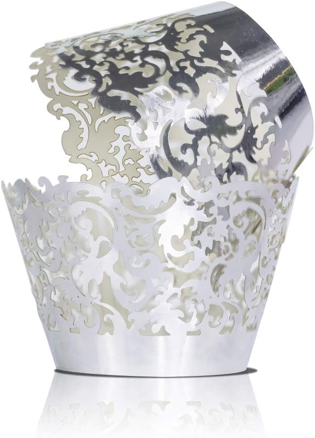 YOZATIA 60 Silver Vine Lace Cupcake Wrapper, Laser Cut Cupcake Liners for Weddings Birthdays Tea Parties and any Special Event- Silver