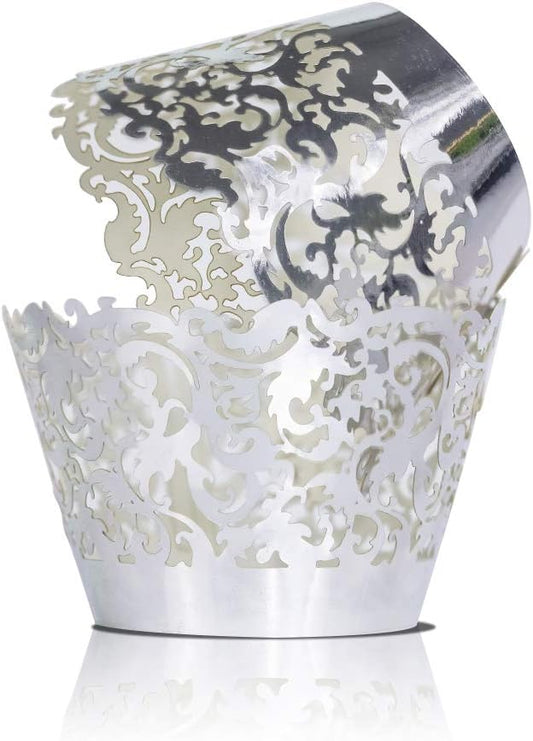 YOZATIA 60 Silver Vine Lace Cupcake Wrapper, Laser Cut Cupcake Liners for Weddings Birthdays Tea Parties and any Special Event- Silver