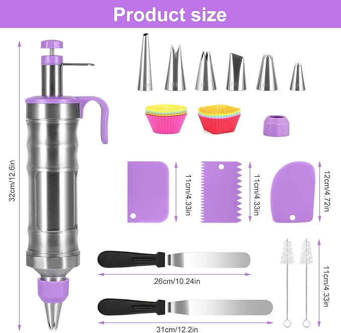 Dessert Decorating Syringe Set, Frosting Piping Kit Stainless Steels Cake Decorating Kit with 6 Icing Nozzles, 3 Cream Scraper, 2 Offset Spatula, 2 Nozzle Brush, 14 Baking Cups for Kitchen Baking