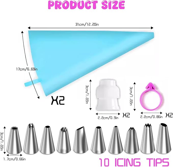 16 Pcs Piping Bags and Nozzles Set – Reusable Silicone Pastry Bags with Stainless Steel Icing Tips for Cake Decorating, Cookies & Cupcakes