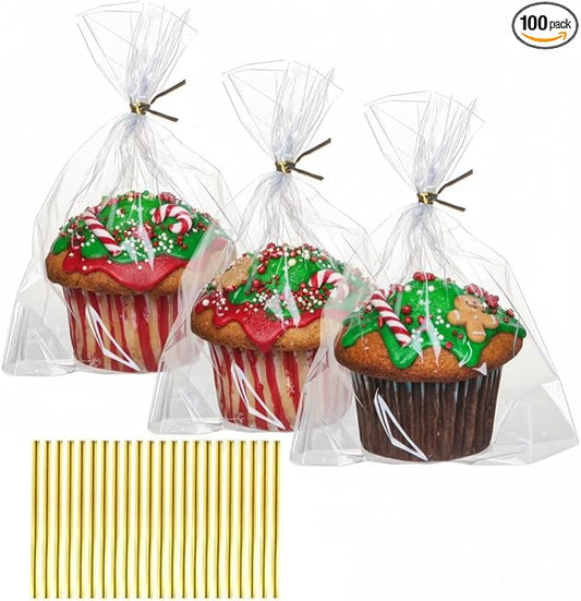 100 Pack 5"×2"x6.5" Cellophane Muffin Bags with Gold Twist Ties Pro Grade Flat Bottom Design for Cupcakes, Macarons & Chocolate Treats (Fits Cookies, Strawberries) Reusable Resealable Bakery Packaging