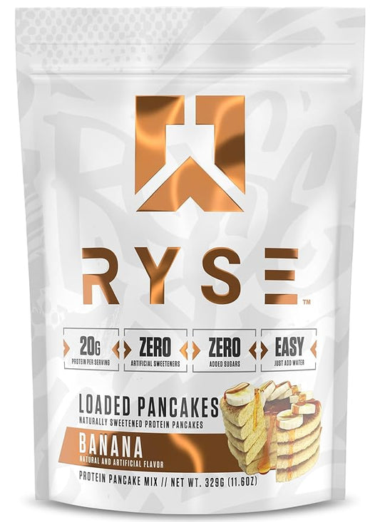 RYSE Loaded Protein Pancake & Waffle Mix - Banana - Naturally Sweetened Breakfast with 21g Protein, 3g MCTs and 2g Fiber - No Added Sugar - High Protein Snack for Clean Energy - 6 Servings