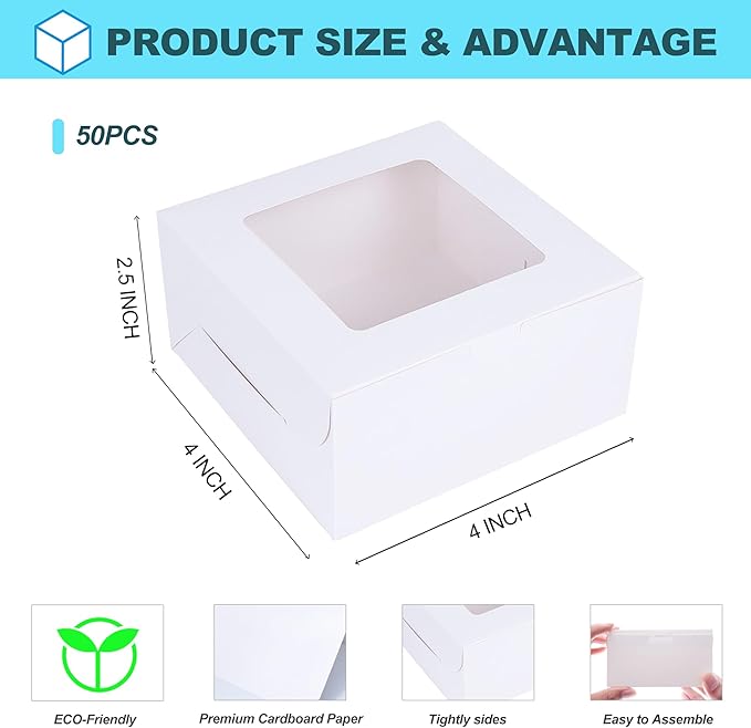 Zzrywuty 50 Packs 4x4x2.5in White Cookie Boxes, Bakery Boxes with Window, Mini Cake Boxes, Cupcake Container Boxes for Cookies, Pastry, Pie, Strawberries, Donuts, Candy, Desserts, Small Cake