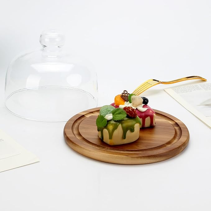 8.6''Cake Stand with Glass Dome, 2-in-1 Acacia Wood Cheese Cupcake Decorative Tray, Glass Dome with Base, 6.6" Cake Fruit Display Server Platter for Kitchen, Party, Appetizer (Wood 8.6 inch)