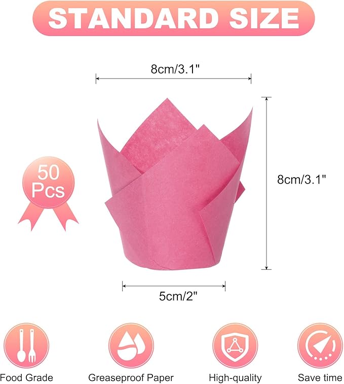 uxcell 50 Pcs Tulip Baking Cups Cupcake Muffins Liners Paper Greaseproof Wrappers for Wedding Birthday Party Festivals Christmas, Pink