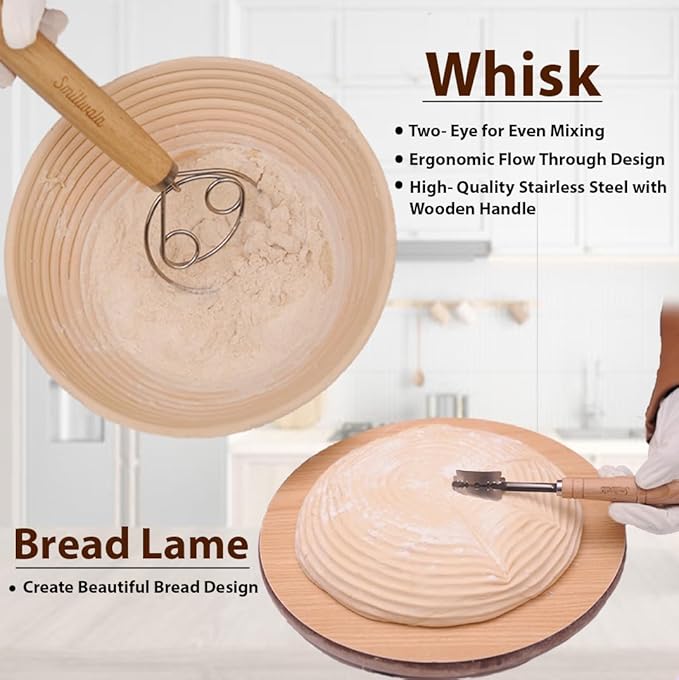 Round Banneton Bread Proofing Basket with Linen Liner, 9” Bread Basket with 6 Essential Bread Making Tools – Natural Rattan Sourdough Banneton Basket Kit for Baking Enthusiasts