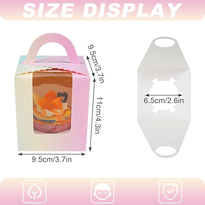 30 Pcs Individual Cupcake Boxes Gradient Single Cupcake Boxes 1 Hole Cake Box with Clear Window Inserts and 2 Sheets of Stickers for Wedding Birthday Party Favors