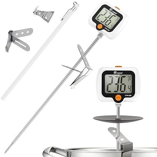Digital Candy Thermometer with Adjustable Display, 304 Stainless Steel Probe, -58°F~572°F, Includes 2 Pot Clips & Heat-Insulating Pad for Sugar Syrup, Jam, Chocolate, Frying Oil (White)