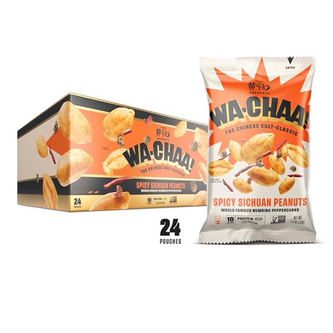 WA-CHAA! Spicy Sichuan Peanuts, Numbing Mala Peppercorns, Toasted Chili Flakes, Protein-Packed, Party Snacks, Non-GMO, On-The-Go Travel Size 1.5 Oz (24 Pack, Original Heat)