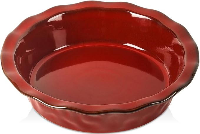 vicrays Ceramic Pie Pan for Baking - 9 inch Pie Plate, Round, Fluted and Deep Pie Dish for Tart, Pizza, Apple Pie, Quiche, Pot Pies, Cake - Reactive Glaze (Cherry Red)