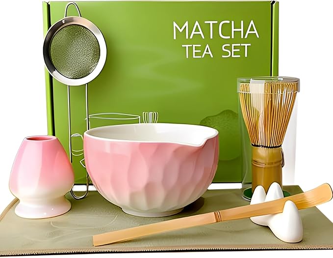 7-Pcs Matcha Whisk Set - Ceramic Matcha Set Includes Bowl,Whisk,Holder,Bamboo Scoop,Scoop Rest,Sifter & Tea Towel – Japanese Traditional Tea Kit for Beginners & Tea Lovers (Gradient Pink)