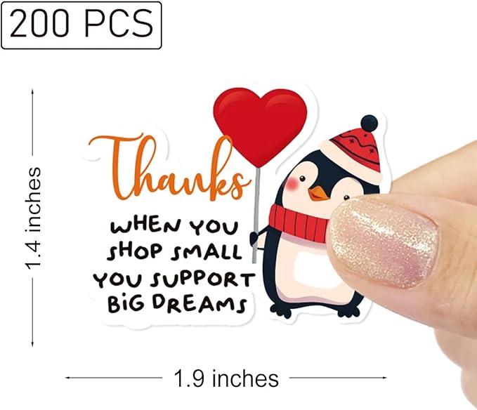 200 PCS Thanks You Support Big Dream Stickers for Business Packages, Handmade Goods, Bags - Cute Small Business Envelopes, Christmas Theme Small Shop Seals