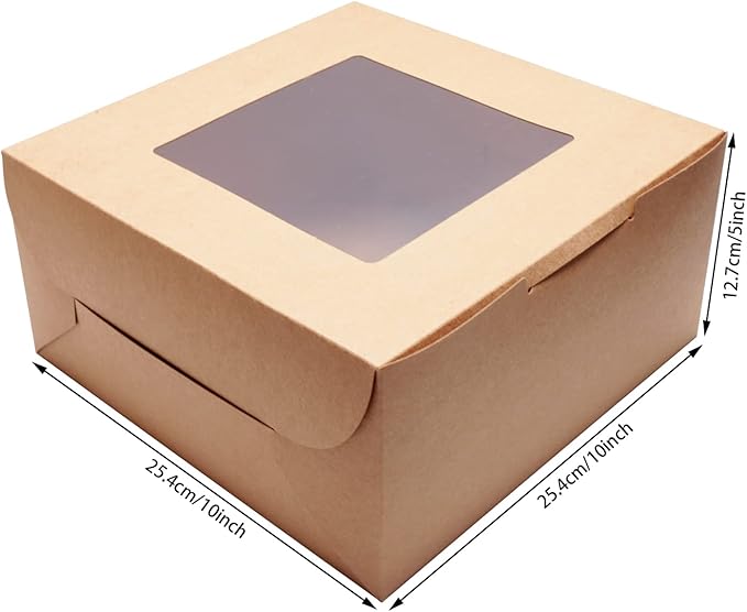 PQZKLDP 10Packs 10x10x5 Inches Brown Kraft Cake Boxes with Window, Gift Packing, Bakery Boxes, Dessert, Pastry, Cupcake, Pie Cookies, With Stickers,66 FT Twine (10 * 10 * 5 Inch, Brown)