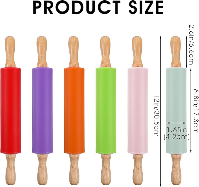 6 Pack Small Rolling Pins for Kids, Silicone Rolling Pin with Wooden Handle, Mini Rolling-Pins for Dough, Cookie, Pastry, 12 Inch (6 Colors)