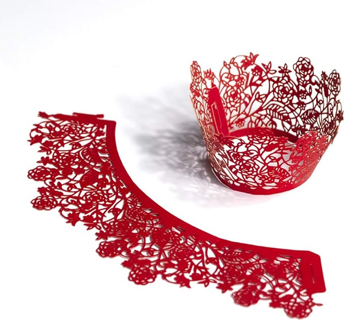 YOZATIA 60pcs Red Rose Lace Cupcake Wrappers Holders, Laser Cut Cupcake Liners Decorative Liners for Wedding Party Birthday Cake Decoration Supplies (Red)