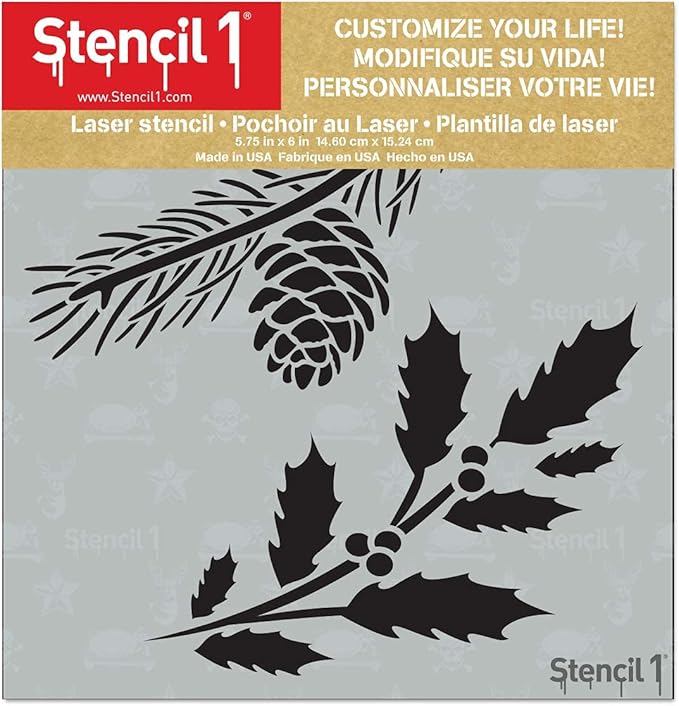 Stencil1 Holly and Evergreen Branches Stencil – Reusable Winter Template for DIY Crafts, Holiday Decor, Painting on Wood, Fabric, Cards & More - 5.75" x 6"