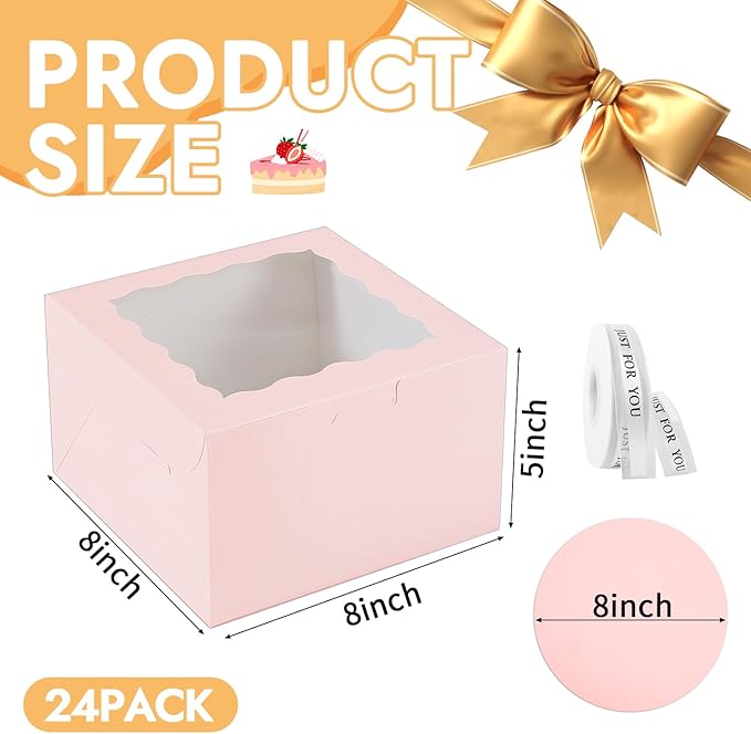 JCD 48PCS (24 Boxes &24 Boards) 8x8x5 Inches Pink Cake Boxes, Small Bento Cake Box, Mini Cake Boxes sets cake within 8'' Package for Pastries, Cupcakes, Birthday, Wedding(Pink8*8 * 5inch/24sets)